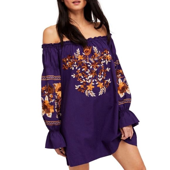 Free people Fleur Du Jour Embroidered Purple Mini Boho Cotton Dress XS - Picture 8 of 12
